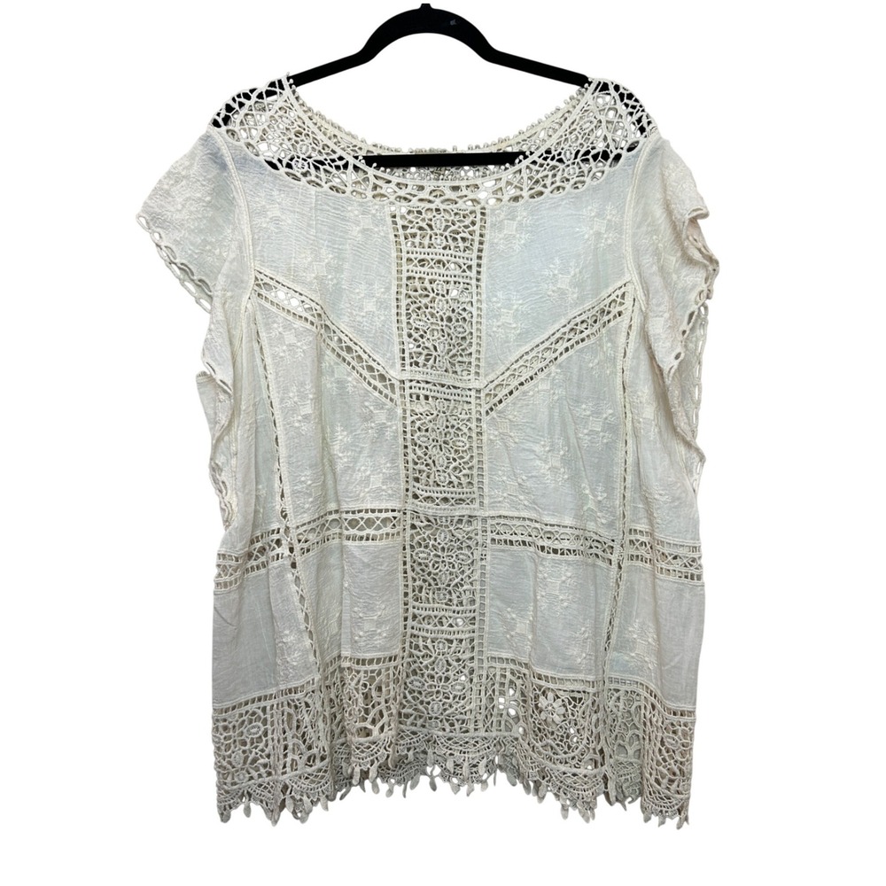 Democracy Crochet Lace Blouse Womens 1X Cream Embroidered Boho Romantic Neutral